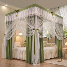 4 Corners Post Solid Color Bed Canopy Curtain Double Layer-Curtain  Ruffle Prin