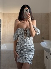 Boho white, blue & grey floral ruched lace up frilly mini dress holiday summer