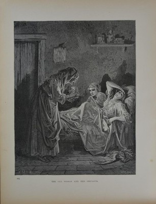 Antique Gustave Dore Art Print Old Woman and Her Servants Original 1880