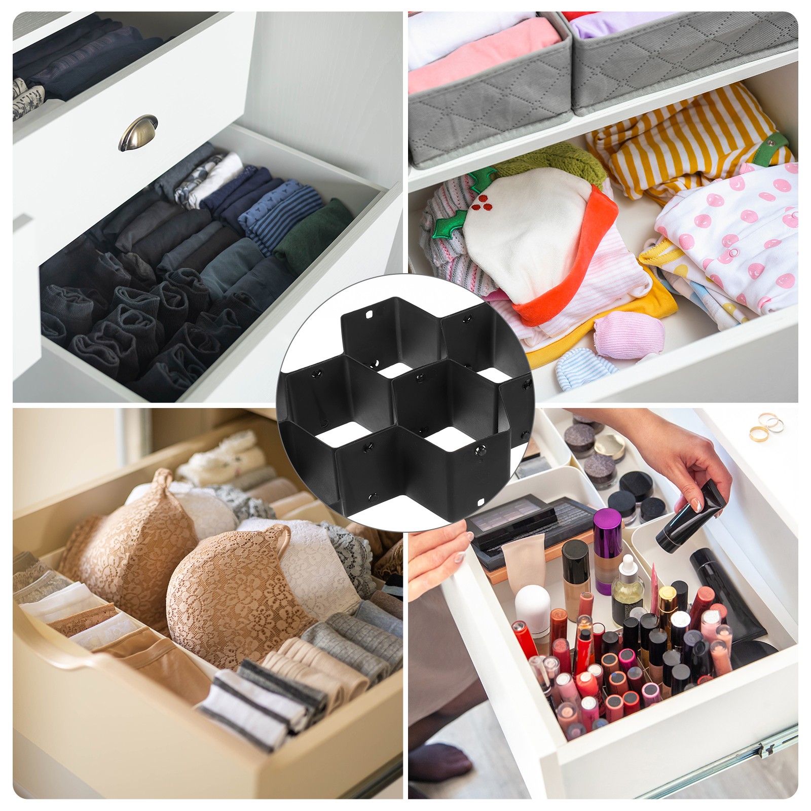 4Pcs Plastic Adjustable Separator Drawer Organizer Divider Black