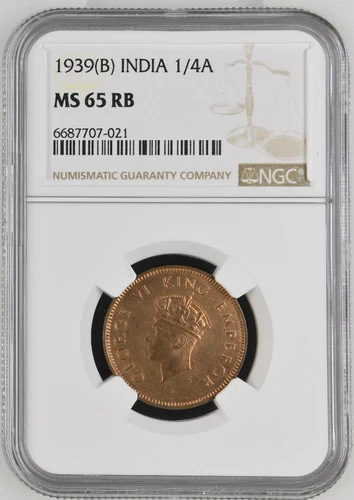 India 1/4 Anna 1939B NGC MS 65 RB