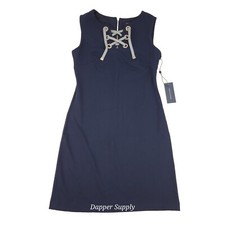 Tommy Hilfiger Women Navy Crepe Lace Up A-line Dress Sleeveless Size 2 New $109