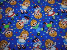 Cotton Fabric 1 2/3 Yard Raggedy Ann Andy on Med Blue Hollys Dollies Nov