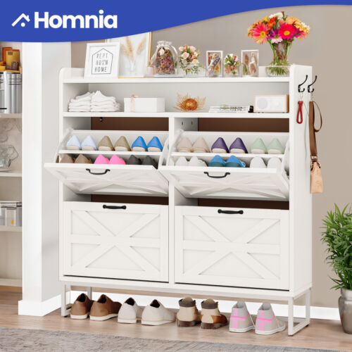24 Pairs 4 Flip Shoe Storage Cabinet Wood Sneaker Rack Adjust Drawers Organizer
