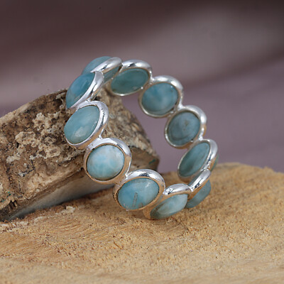 Natural Blue Ocean Larimar Full Eternity Ring 925 Sterling Silver Band Jewellery