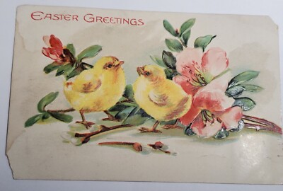 Vtg 1900's Happy Easter Greetings Postcard Chick's Lilly's Bunny Rabbit Embossed