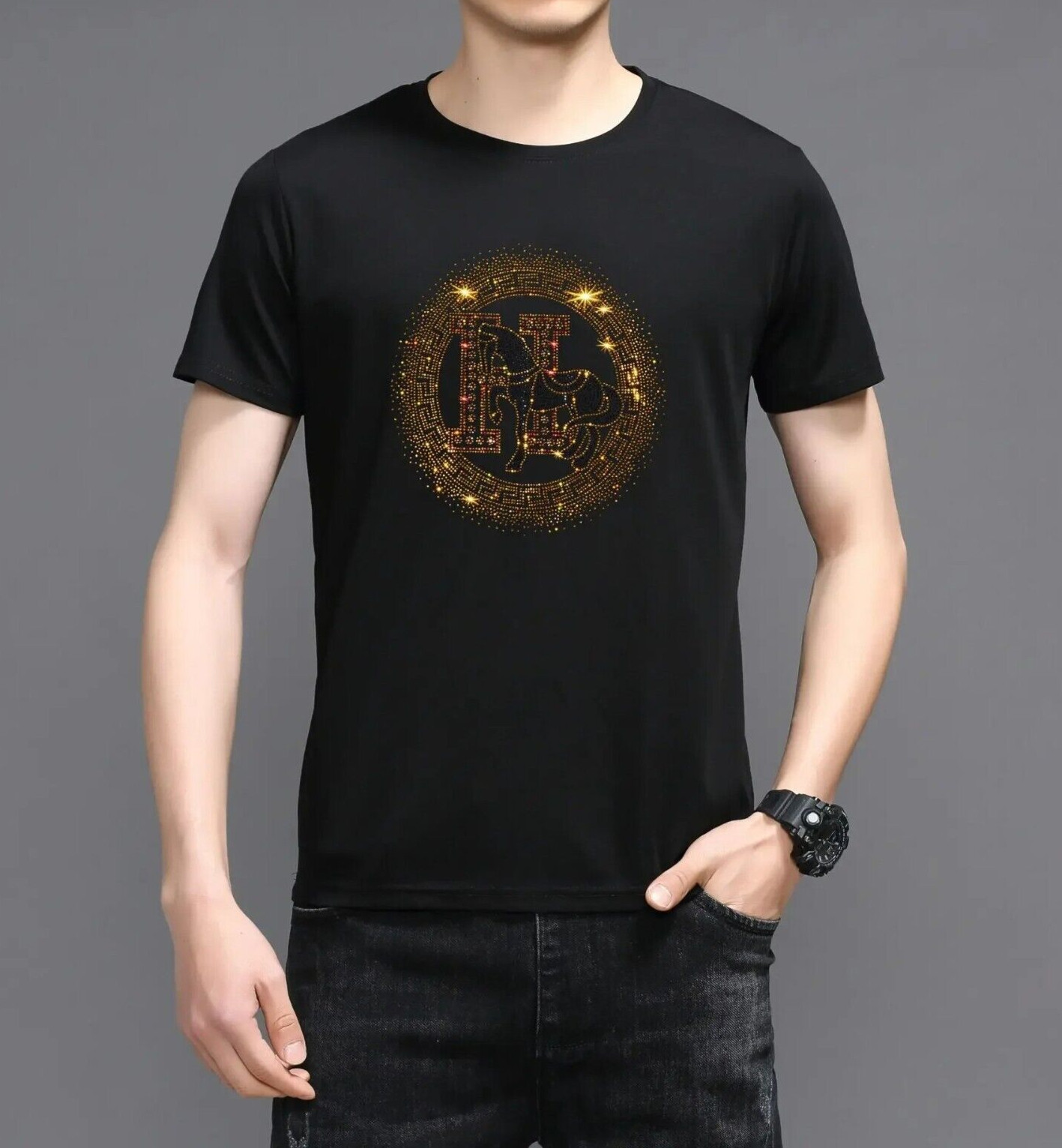 Nueva Camiseta de Lujo para Hombres Diamante Caballo Lentejuelas Láser Moda Alta Calidad