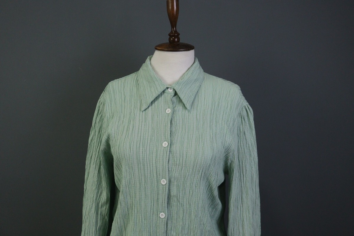 Issey Miyake Green Long Sleeve Button Down Wrinkled Top Shirt Size