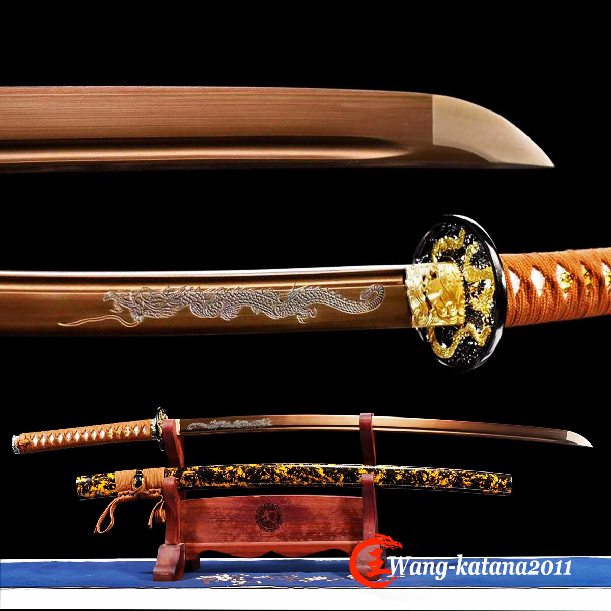 Gold Dragon Blade Katana Full Tang Japanese Samurai Sharp Sword Carbon Steel