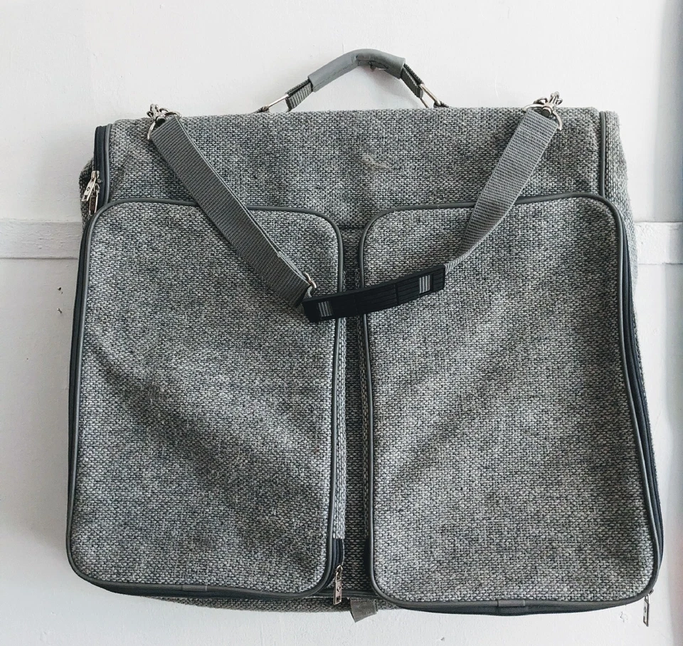 Bolso de hombro vintage Samsonite gris tweed lana ropa equipaje de viaje plegable doble Foto 3 de 4