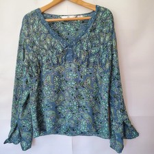 ALC Paisley Boho Blouse Sz L Lace Sequins Peasant Hippie Blue Ruched Lightweight