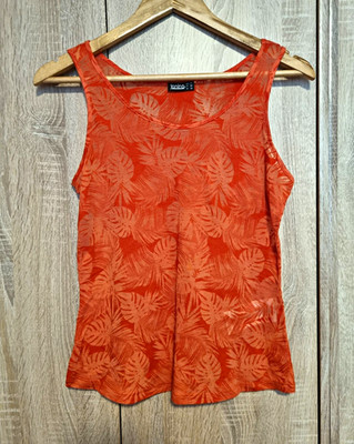 Janina Damen Basic Top orange Blätter Muster 34 ärmellos Rundhals breite Träger