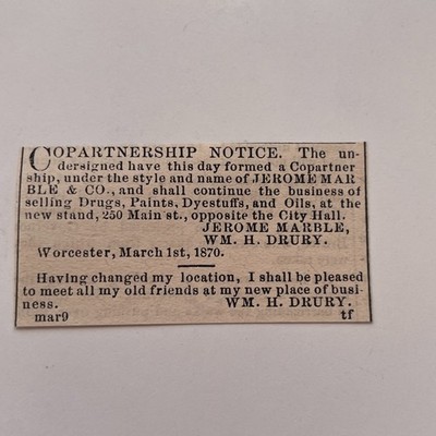 Copartnership Notice Wm. H. Drury 1871 Worcester MA Clipping TAJ8-S84