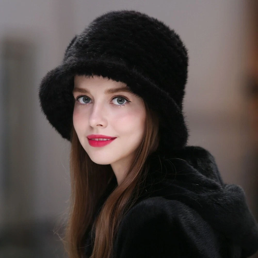 Real Mink Fur Hats For Women Knitted Bucket Hat Winter Warm Cap With Ear Flaps