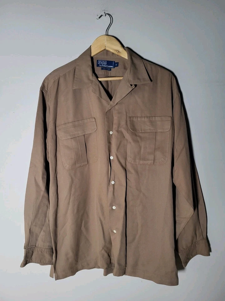 Polo Ralph Lauren RARE 90s Rayon Gaberdine Loop Collar Military Shirt Taupe XL - Image 2 of 4