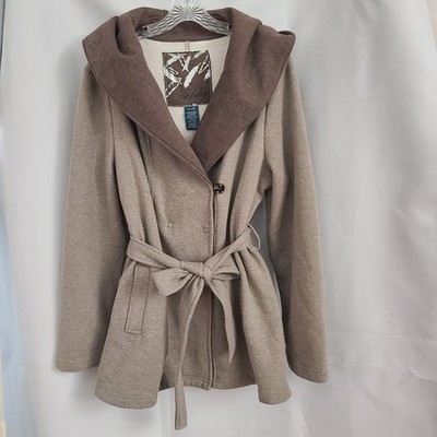 Sebby Sz XL Beige Neutral Minimalist Hooded Wrap Tie Belt Button Snap Jacket