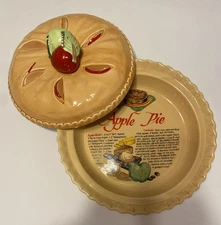 VTG Apple Pie Recipe Dish Plate w/ Lid Covered Ceramic Dessert Keeper 11”