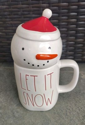 RAE DUNN Snowman ''LET IT SNOW'' White & Red Ceramic Mug & Topper Holiday Lid