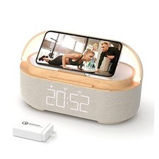 Bluetooth Speaker Alarm Clock with Wireless Charger, FM Radio, Beige