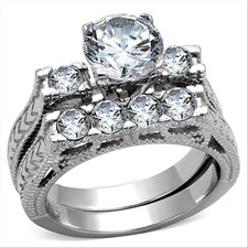 Art Deco 1.67Ct Round 3 Stone AAA Grade CZ Engagement Wedding Ring Set Sz 5-10