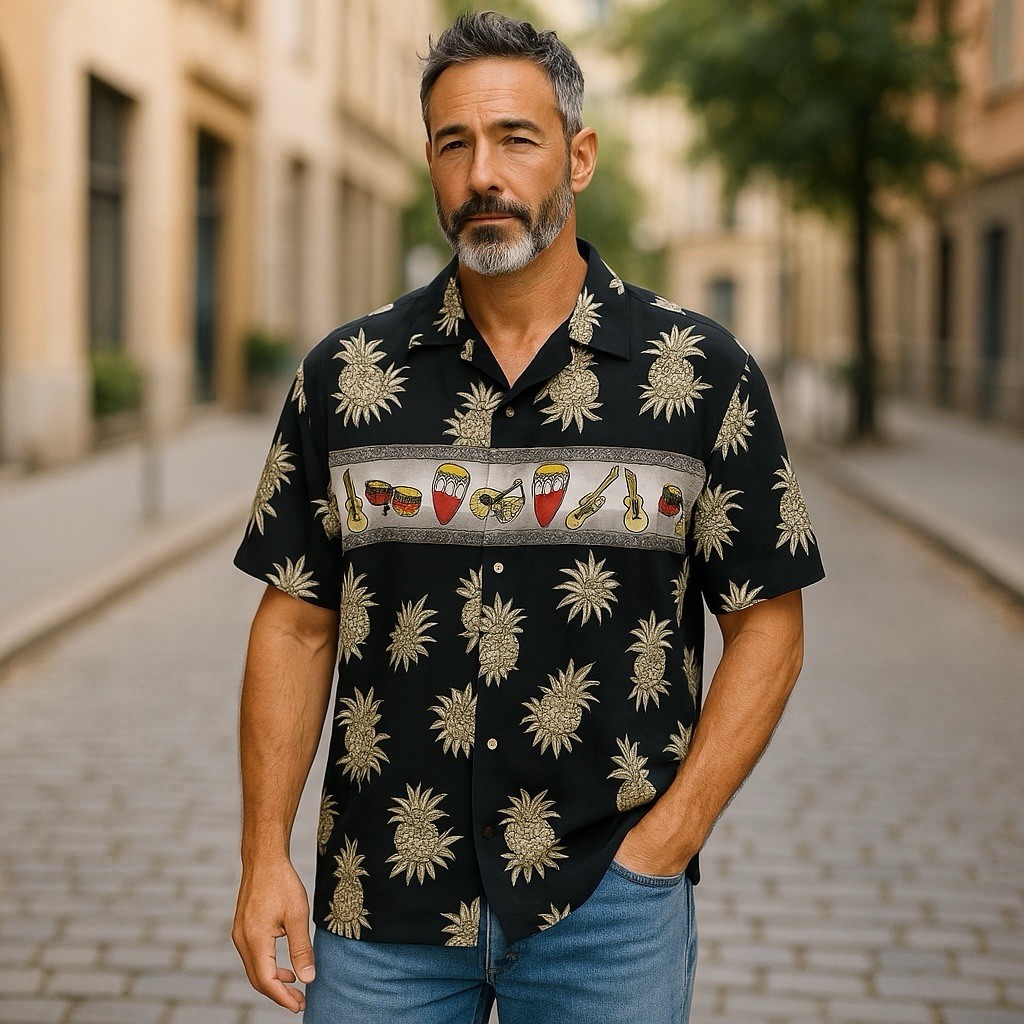 campia moda hawaiian shirt pine apple music instruments print size L