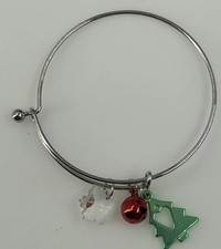 Christmas Bangle Bracelet Womens Silver Tone Red Bell Green Tree Snowflake Charm