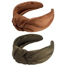 2 PCS Brown Satin Wide Knotted Elastic Turban Non Slip Headbands Styling