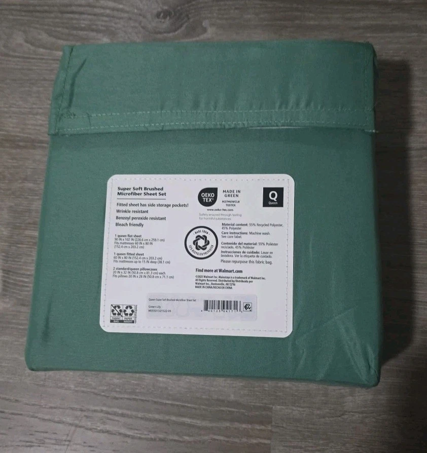MAINSTAYS Super Soft Sheet Set Queen Size BRUSHED MICROFIBER Green Lily NEW - Image 2 of 2