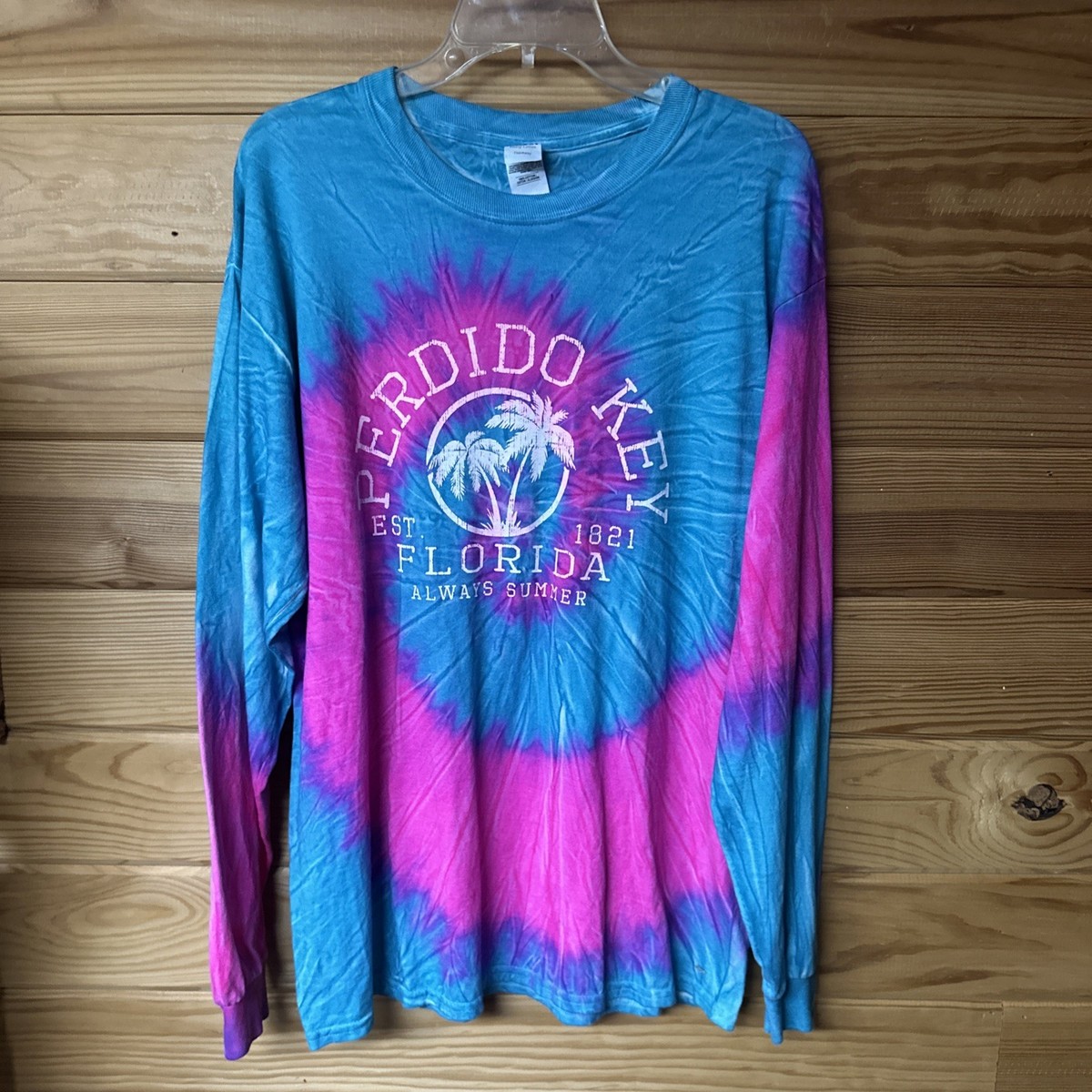 Gildan Women's Turq and Pink Tie Dye Perdido Key Graphic L/S Shirt Size L