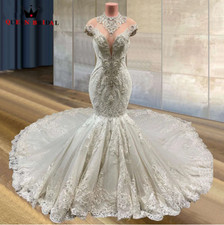 Real Photo Wedding Dresses Mermaid High Neck Tulle Crystal Beaded Diamond