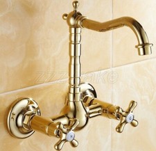 Gold Color Brass Wall Mounted Swivel Kitchen Sink Faucet Double Cross Handle