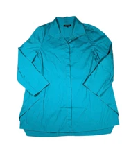 Lafayette 148 Womens Size Large Teal Cotton Blend Pintuck Button Front Blouse