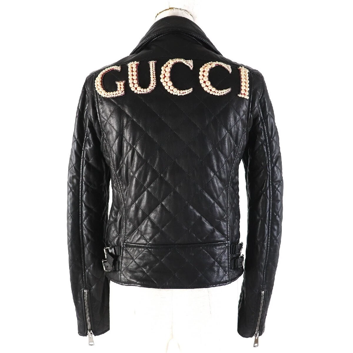 GUCCI 502674 Giacca Pilota Trapuntata Pelle di Agnello Logo Perla Riders Nero 36