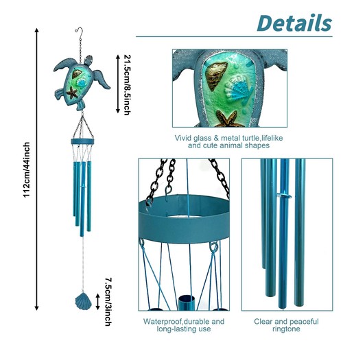 Liffy Sea Turtle Wind Chimes with Glass & Metal Tubes for Outdoor Garden Decor - Picture 4 of 5