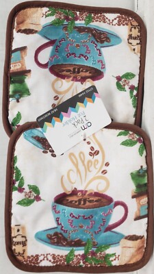 Set of 2 Same Printed Jumbo Pot Holders, 7''x 7'', HOT COFFEE CUP & BEANS,brown,AM