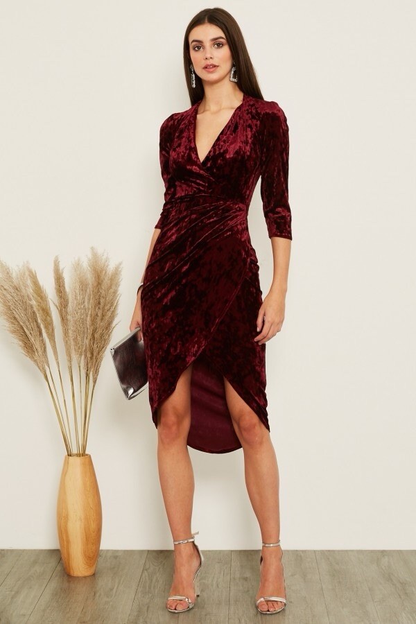 Burgundy Velvet Tfnc Velvet Midi Wrap Dress In Emerald Velvet Maxi