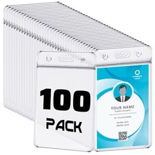 100 Pack Clear Plastic Vertical ID Card Badge Holder w/ Sealable Waterproof Zip