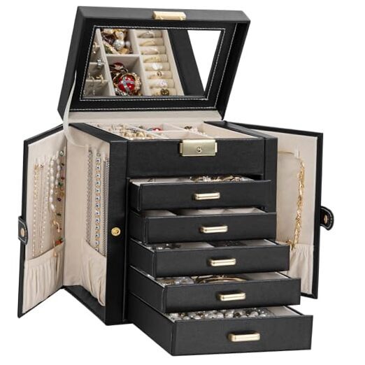 Elegant Large Leather Jewelry Organizer Box for Women in Black & Gold