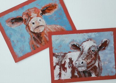 Set of Two Cows Original Paintings on Paper 5''*7'' Farm Animals Calf Picture Gift