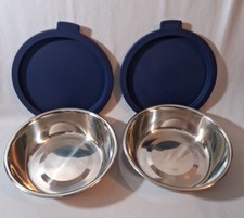 BARK 8oz Stainless Steel Dog Cat Water Food Bowls w/Navy Silicone Lids Set of 2