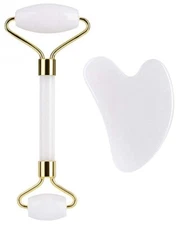 White Quartz Jade Face Roller Massager Set Stone Facial Body Gua Sha Lift Tool