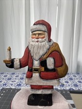 Wooden carved Santa Claus statue painted 9 3/4" Holding Candle Primitive Cabin