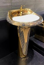 Gold Hand Basin, ELEGANT Pedestal, Gold tap, and Gold pop-up waste. 