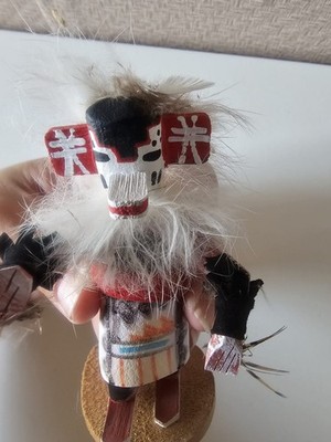 Native American Handmade Kachina-Style Doll Figurine w/ Feather Hair, Round Base