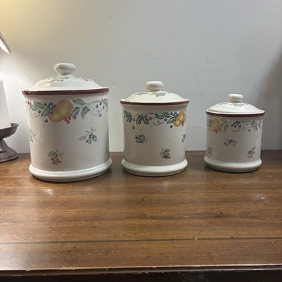 3 Vintage Jay Import Corelle Abundance Stoneware Canisters Set Airtight Lids