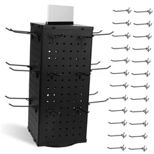 Rotating Pegboard Display Stand With 24 Hooks, 4-Sided Metal Spinning Peg Black