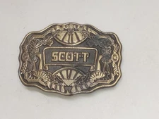 Vintage 1970's Scott Personalized Oden Inc Brass Belt Buckle Art Deco