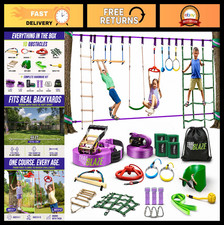 Ultimate Ninja Warrior Obstacle Course for Kids - 2x55 Ft Slackline, Climbing Ne