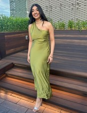 ZARA New Asymmetric Satin Midi Dress olive green 