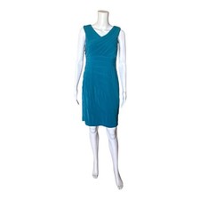 Adrianna Papell Petite 4P Teal Textured Sheath Dress Sleeveless V Neck Lined
